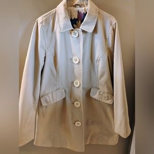 Boden Button Up Long Trench Coat Khaki Floral Lined Womens Size 14